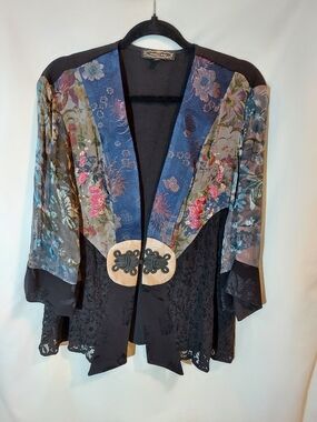 VTG Violet Kay Mixed Media Asian Print Kimono Jacket Lace Sheer Floral Boho XL